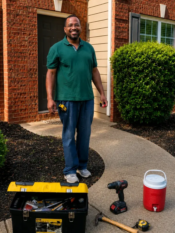 Jonathan Small at a residential property with his toolbox and renovation tools